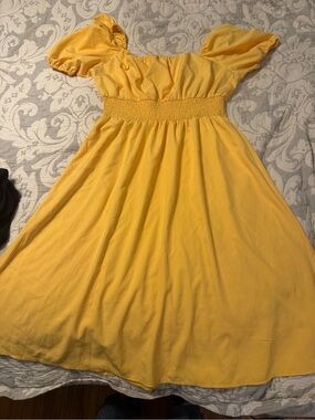 Yellow Smocked Waist Puff Sleeve Womens Dress xl